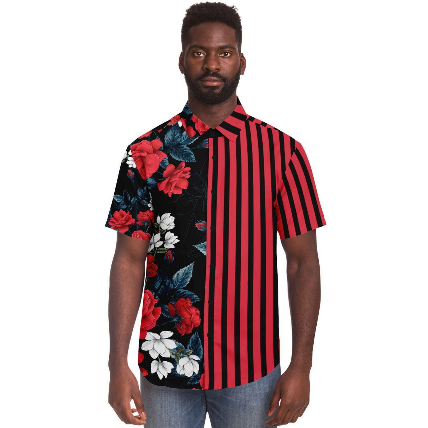 Floral striped short sleeve button down shirt
