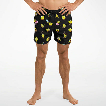 Black Repeating Cartoon Rave Swim Trunks