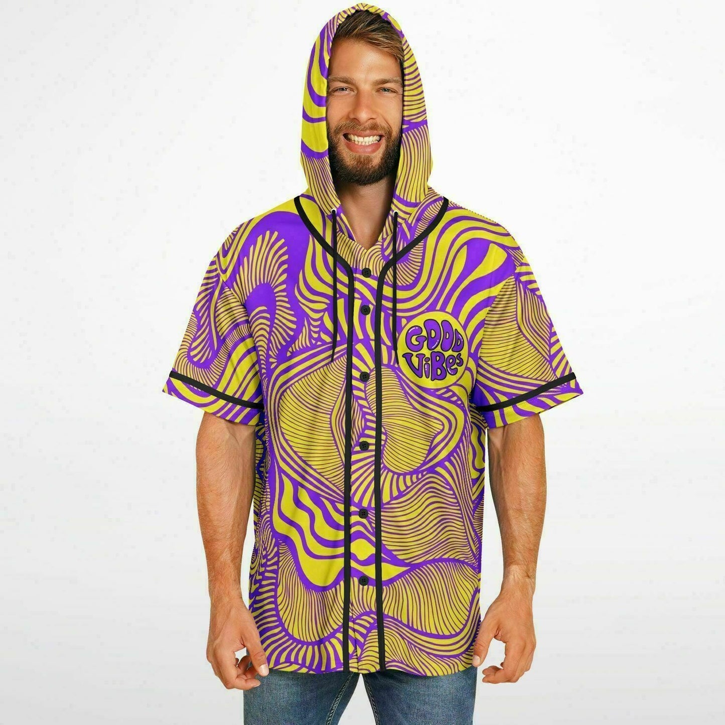 Purple Bright Psychedelic Wavy Rave Hooded Baseball Jersey
