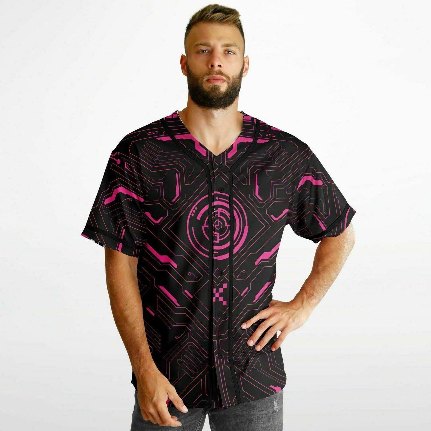 Black & Pink Cyberpunk Circuit Reversible Baseball Jersey