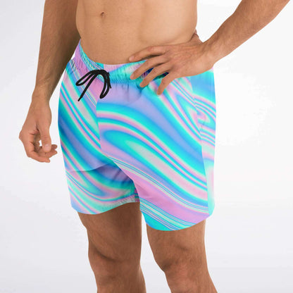 Pastel Pink Holographic Swirl Rave Swim Trunks
