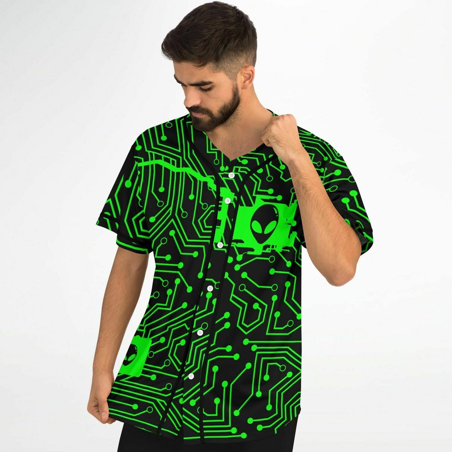 Neon Green Circuit Board Rave Baseball Jersey