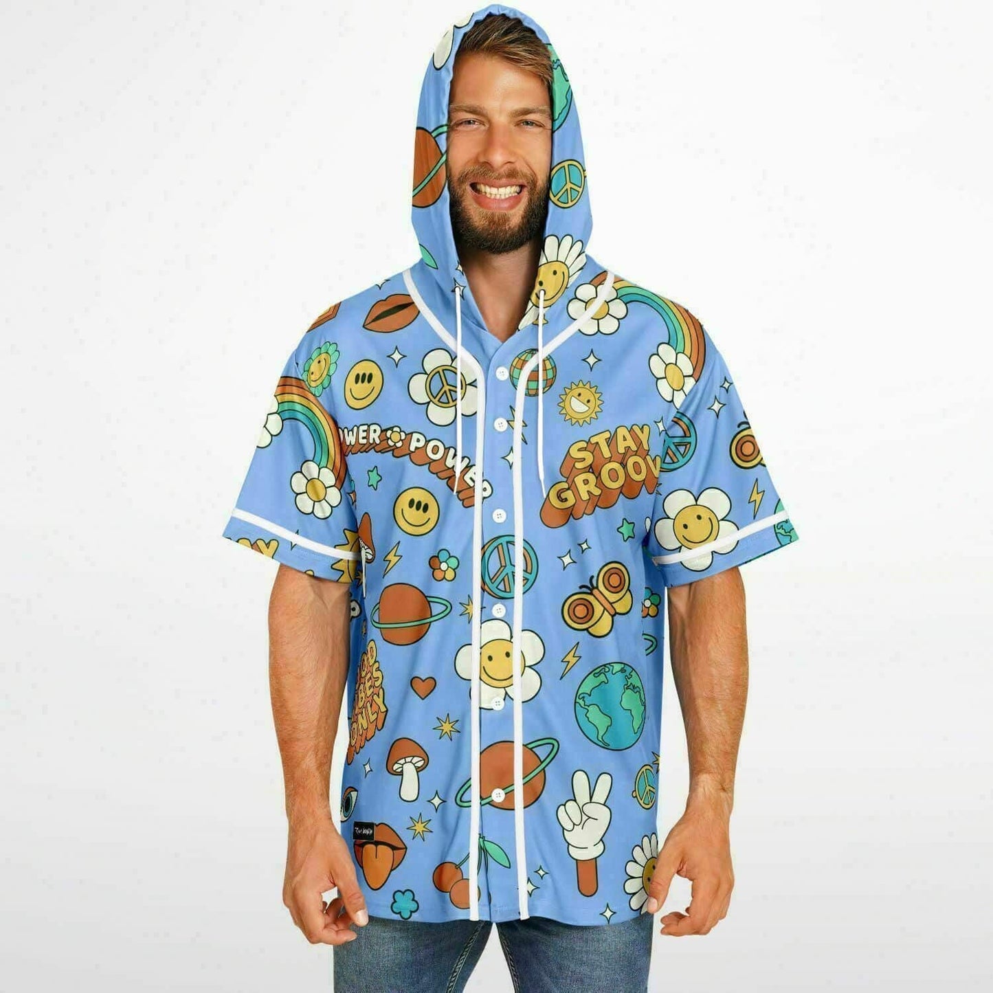 Sky Blue Retro 70S Rave Hooded Baseball Jersey