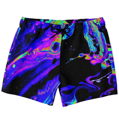 Black Marbled Oil Rave Swim Trunks