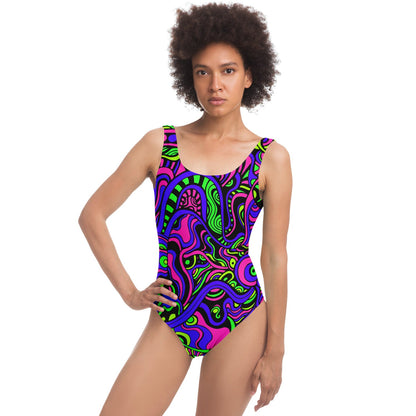 Neon Purple Swirling Liquid Rave Swimsuit
