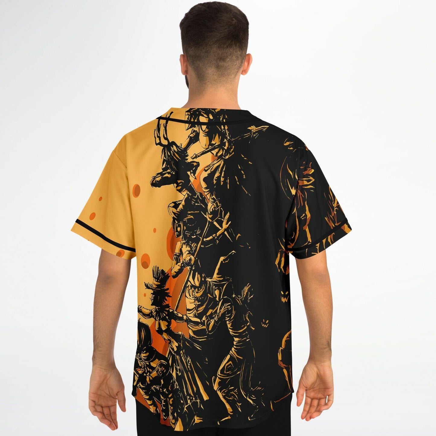 Black Orange Silhouetted Samurai Rave Baseball Jersey