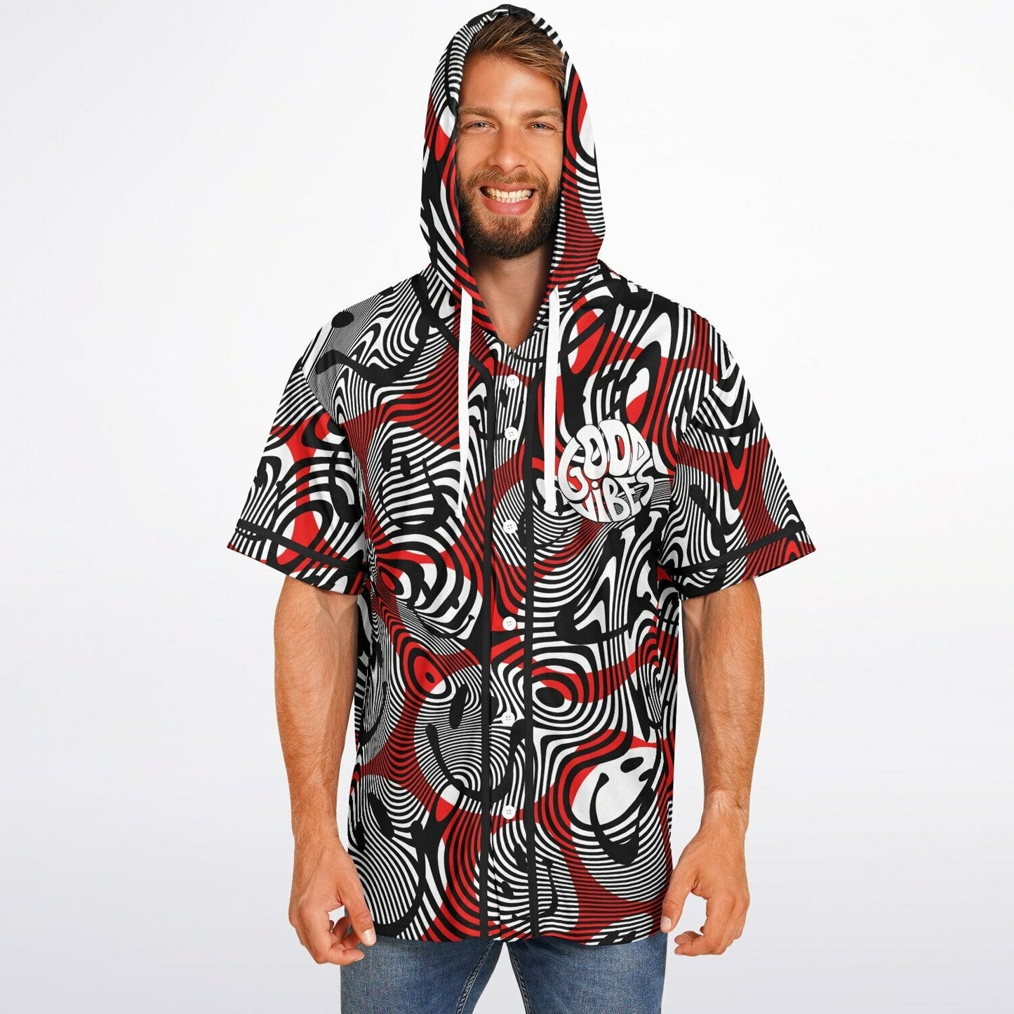 Red Psychedelic Swirled Rave Hooded Baseball Jersey