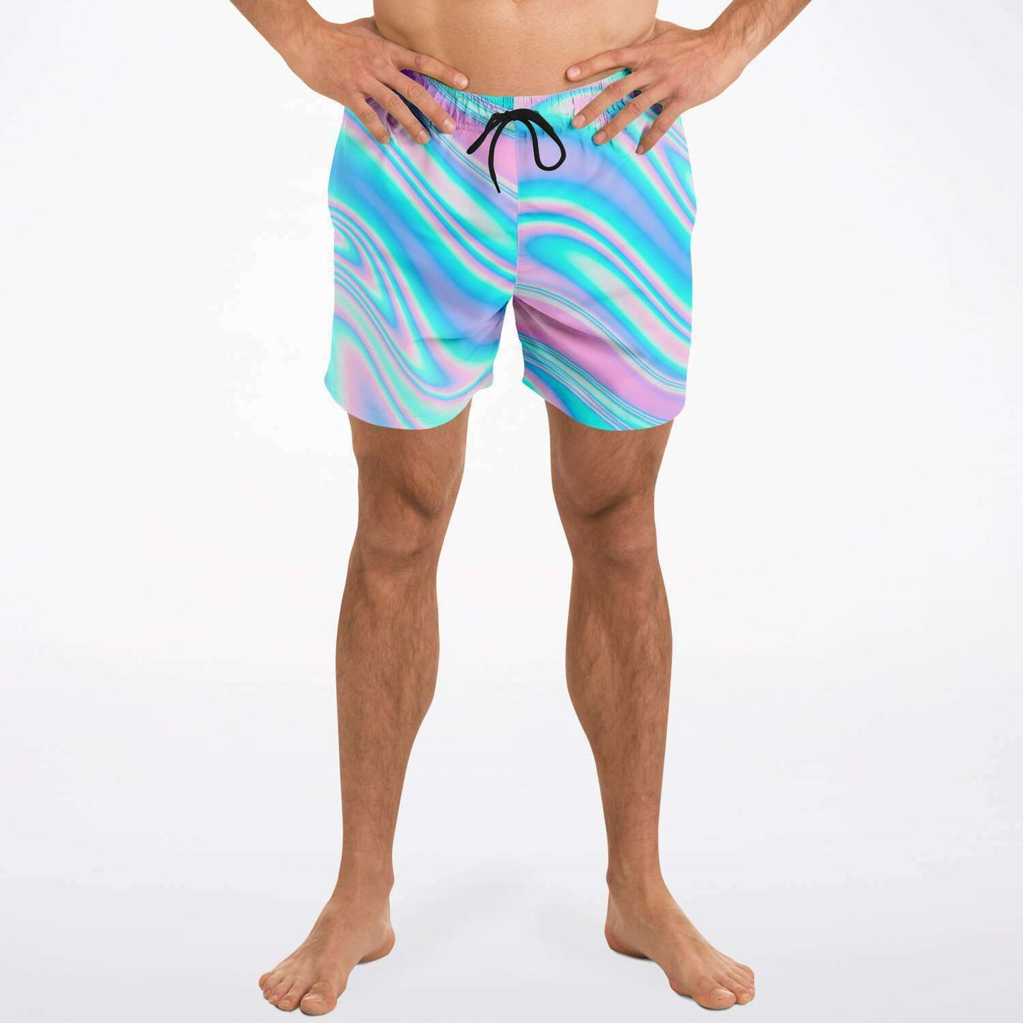 Pastel Pink Holographic Swirl Rave Swim Trunks
