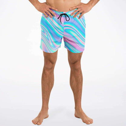 Pastel Pink Holographic Swirl Rave Swim Trunks