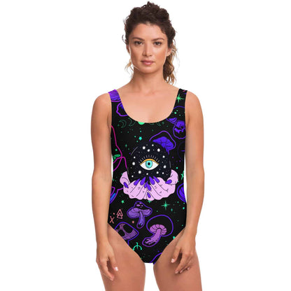 Black Glowing Mushrooms Rave Swimsuit