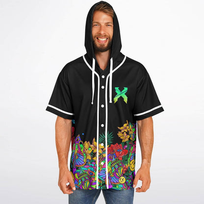 Excision Black Psychedelic Garden Rave Hooded Baseball Jersey