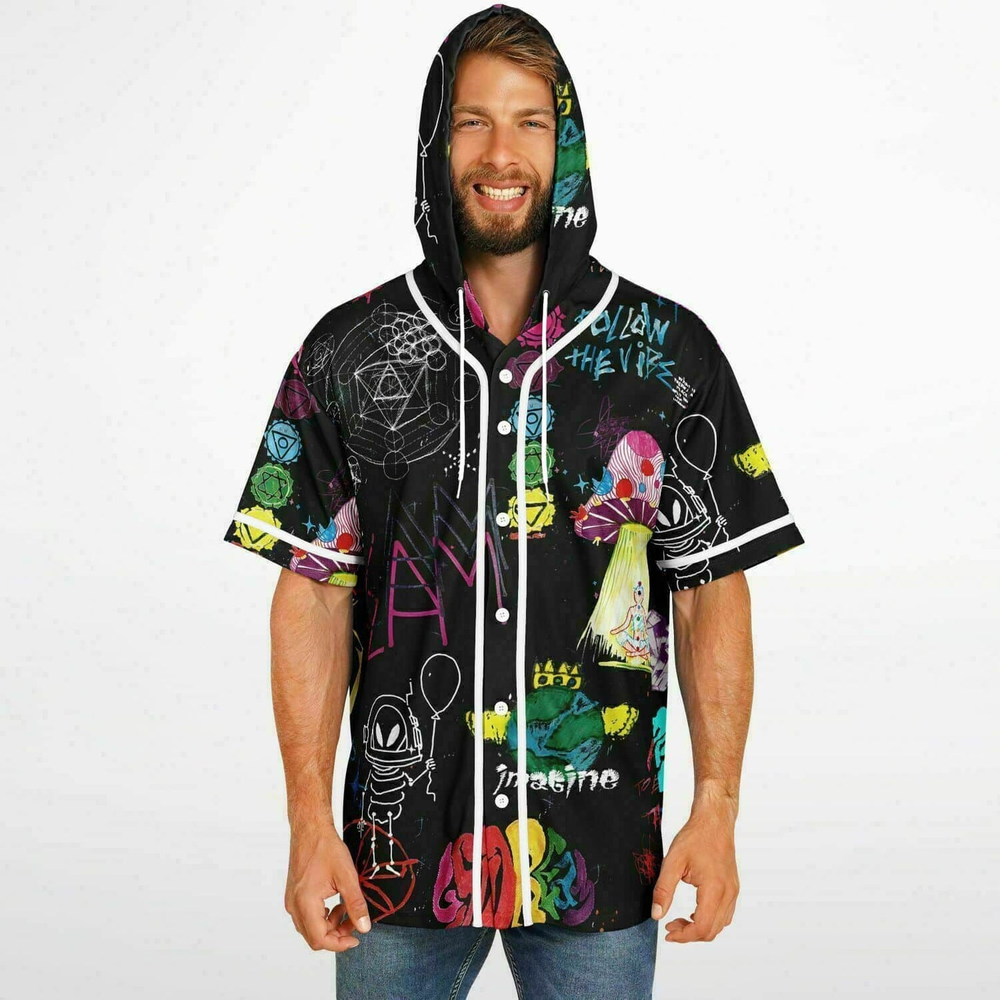 Black Hand Drawn Rave Hooded Baseball Jersey