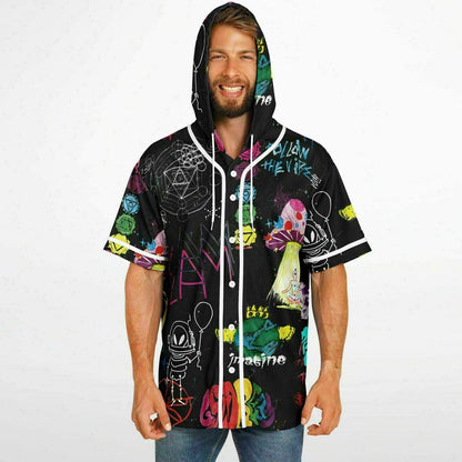 Black Hand Drawn Rave Hooded Baseball Jersey