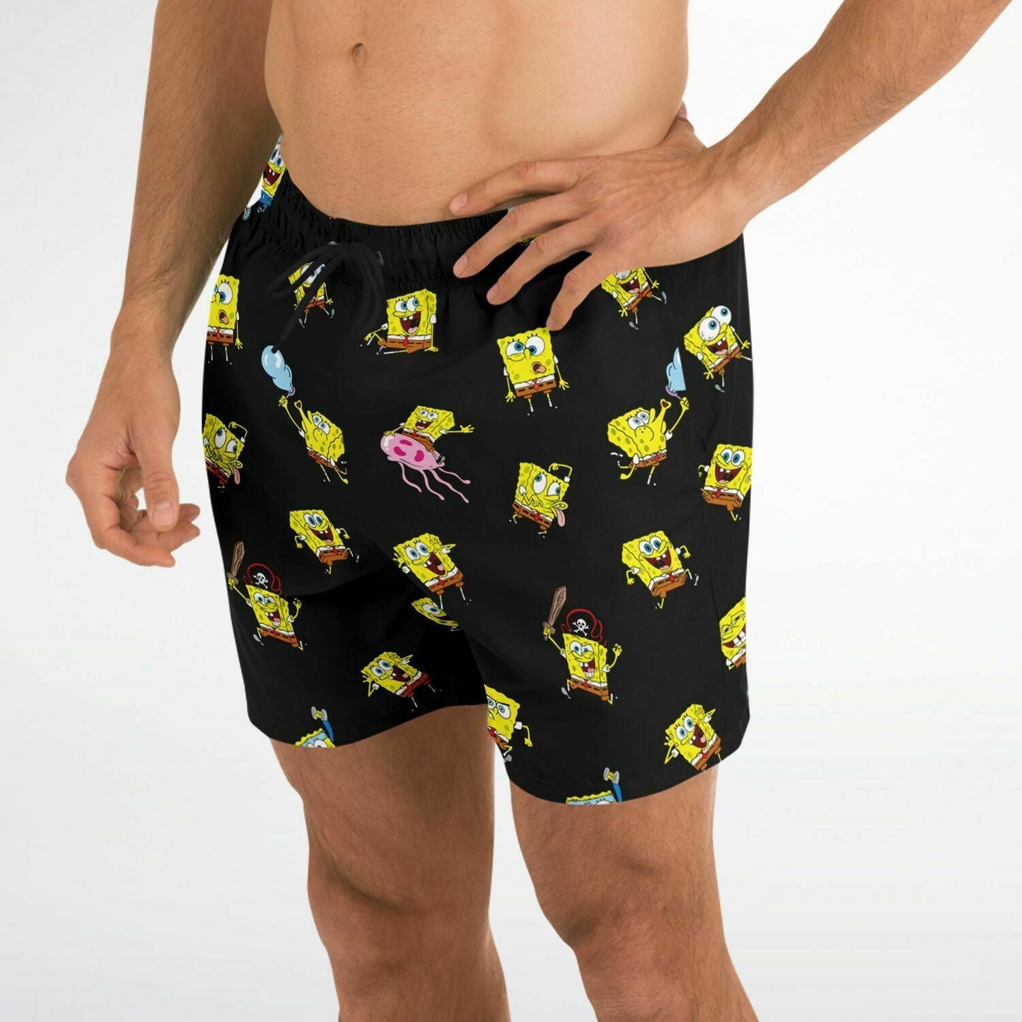 Black Repeating Cartoon Rave Swim Trunks