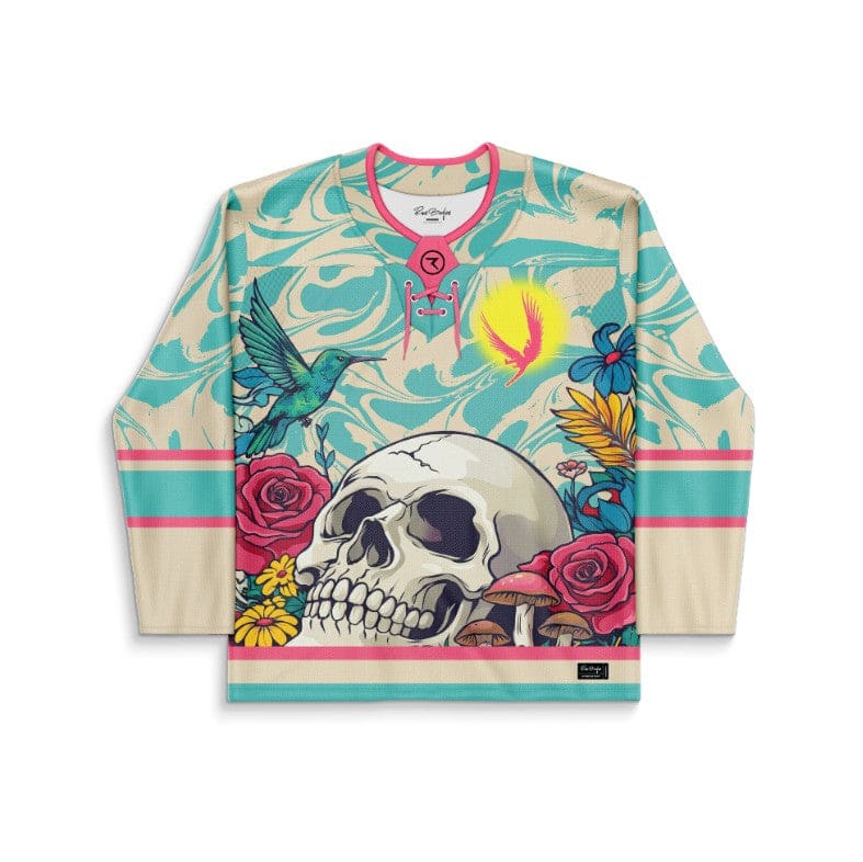 Cream Teal Human Skull Rave Hockey Jersey