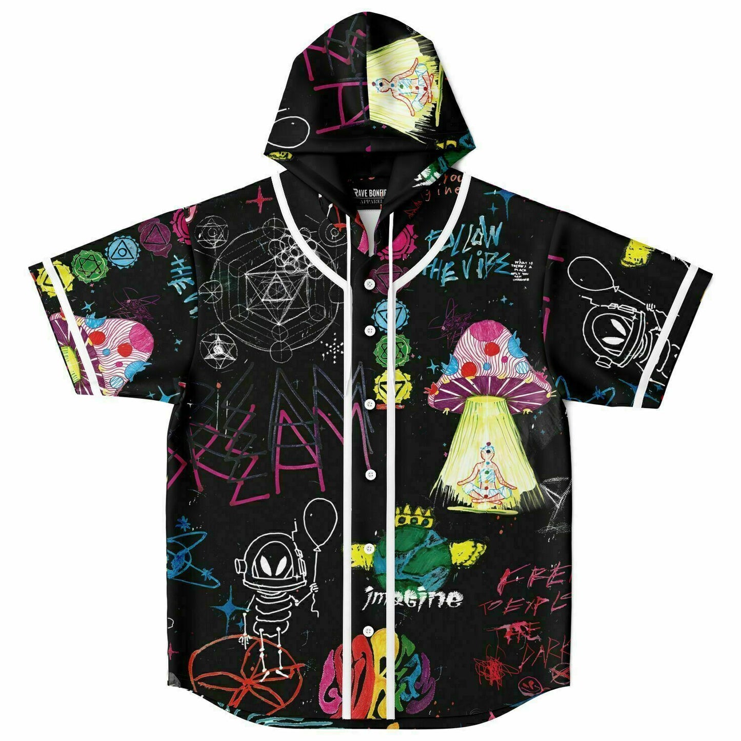 Black Hand Drawn Rave Hooded Baseball Jersey