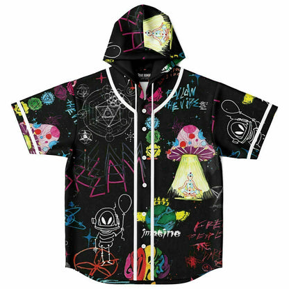 Black Hand Drawn Rave Hooded Baseball Jersey