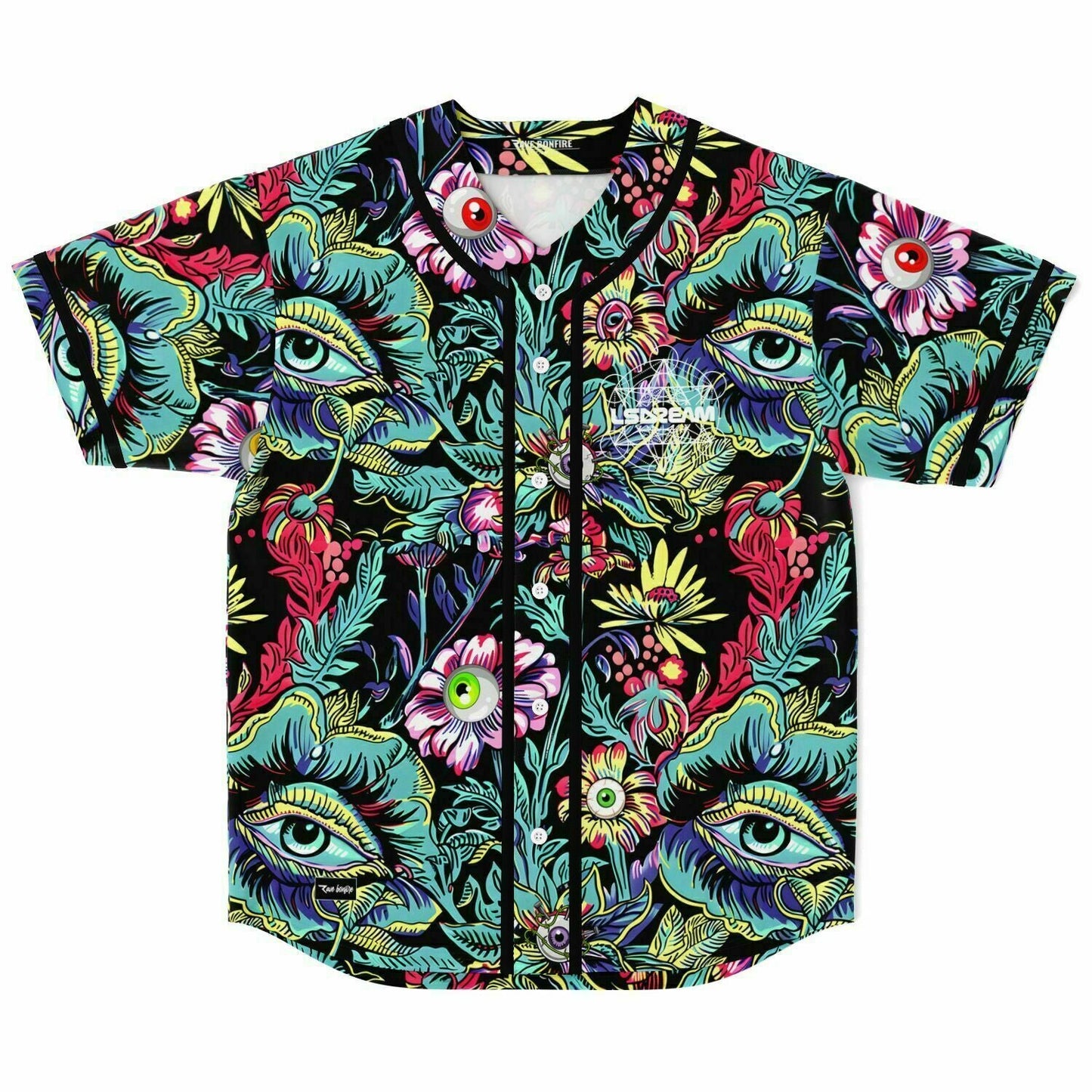 LSDREAM Black Psychedelic Floral Rave Baseball Jersey