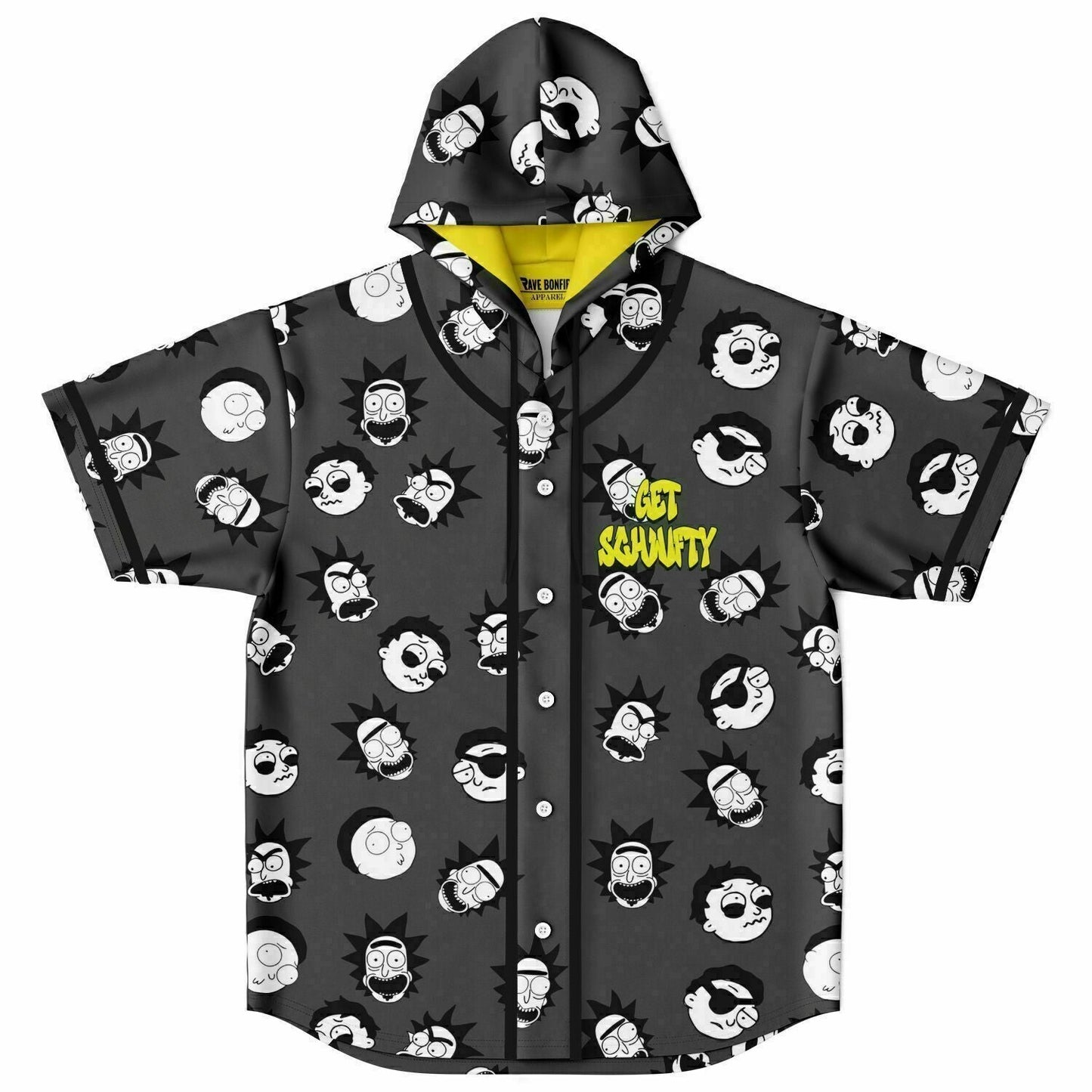 Charcoal Grey Repeating Cartoon Rave Hooded Baseball Jersey