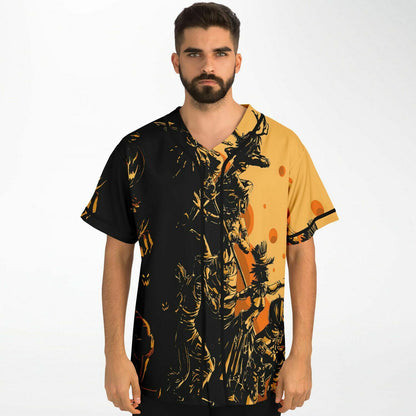 Black Orange Silhouetted Samurai Rave Baseball Jersey