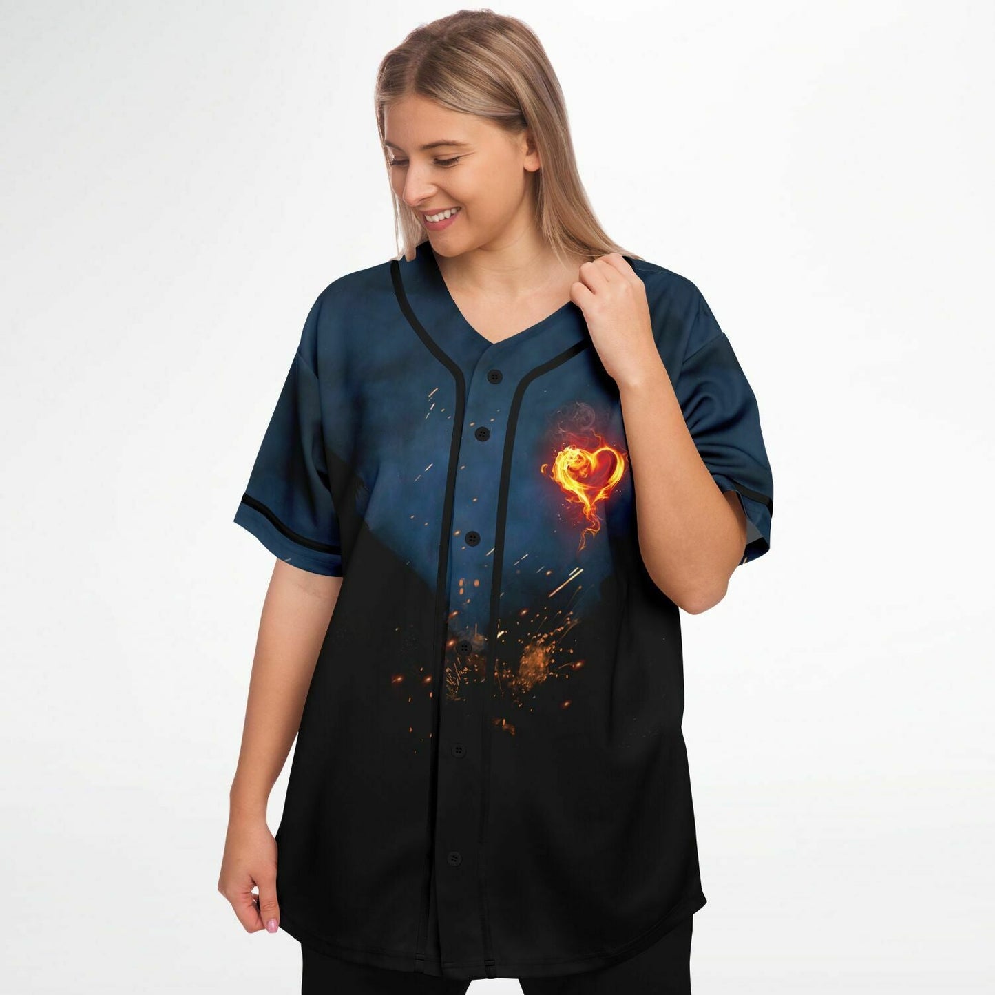 Dark Navy Glowing Fiery Rave Baseball Jersey