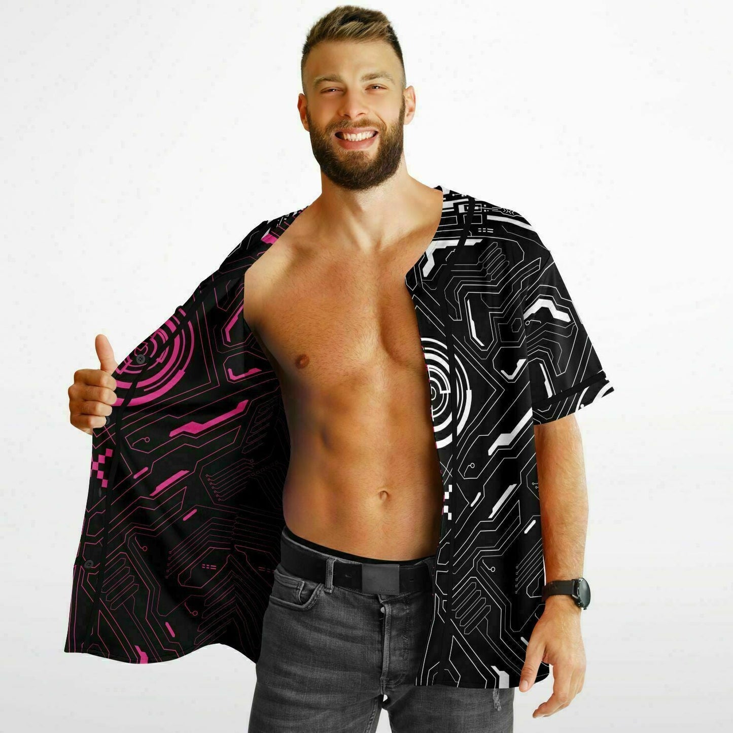 Black & Pink Cyberpunk Circuit Reversible Baseball Jersey