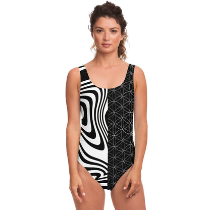 Black White Split Rave Swimsuit