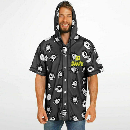 Charcoal Grey Repeating Cartoon Rave Hooded Baseball Jersey