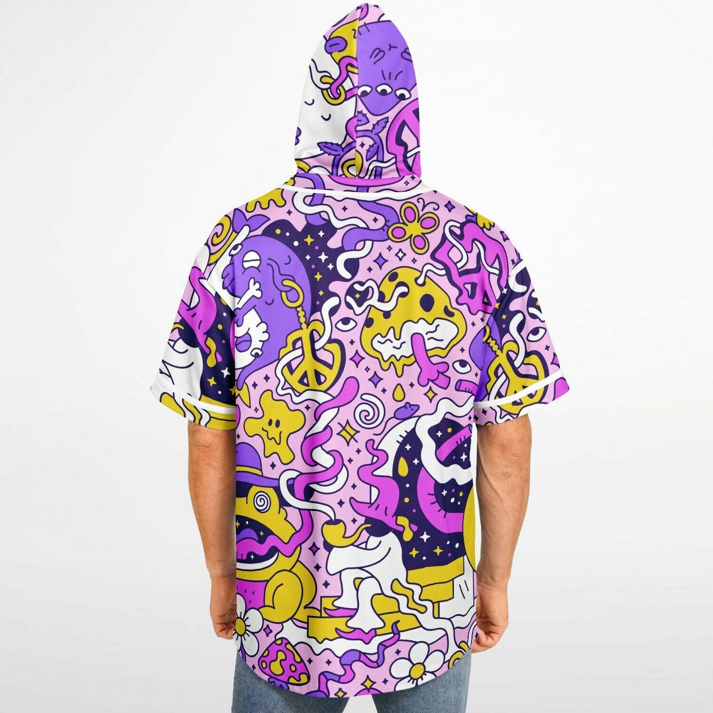 Pastel Pink Trippy Cartoon Rave Hooded Baseball Jersey