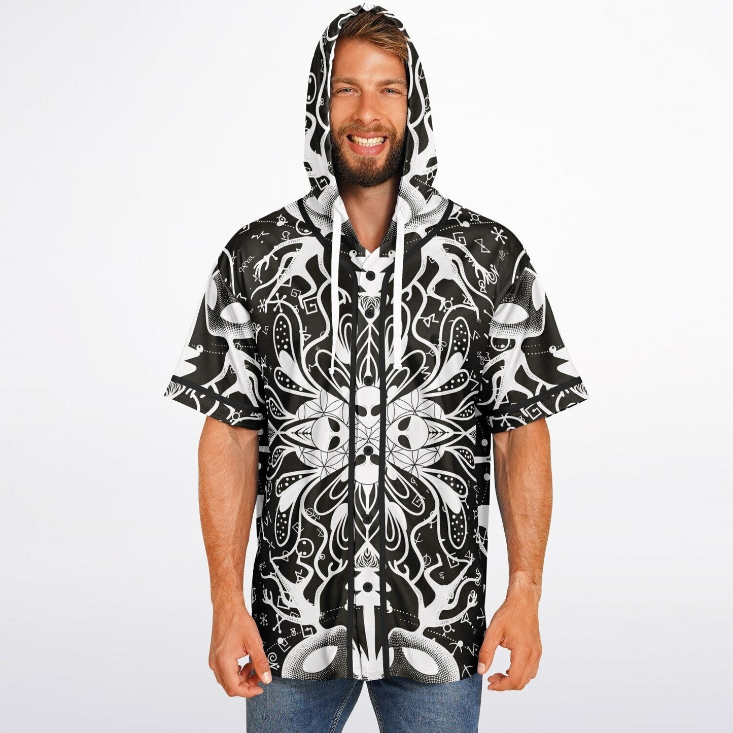 Black White Symmetrical Psychedelic Rave Hooded Baseball Jersey