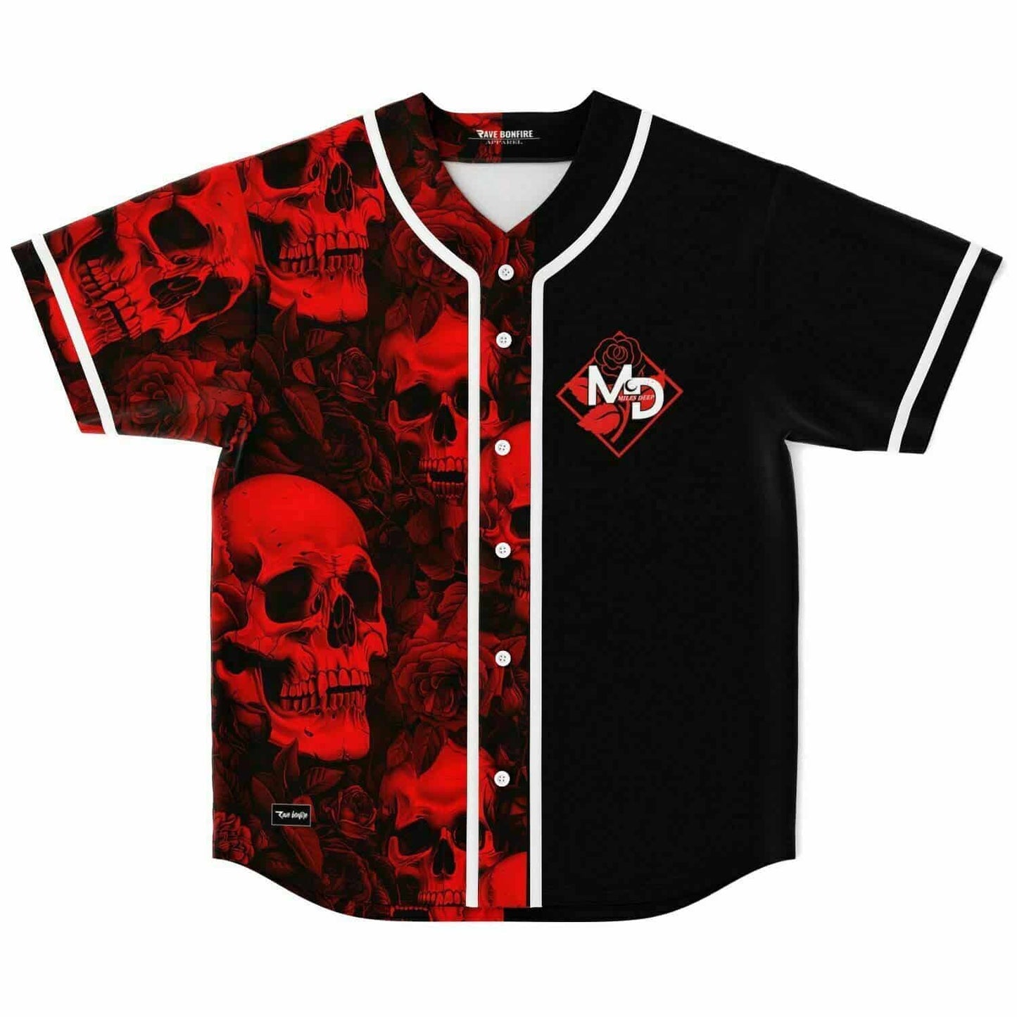 Miles Deep Black Red Tinted Skulls Rave Baseball Jersey