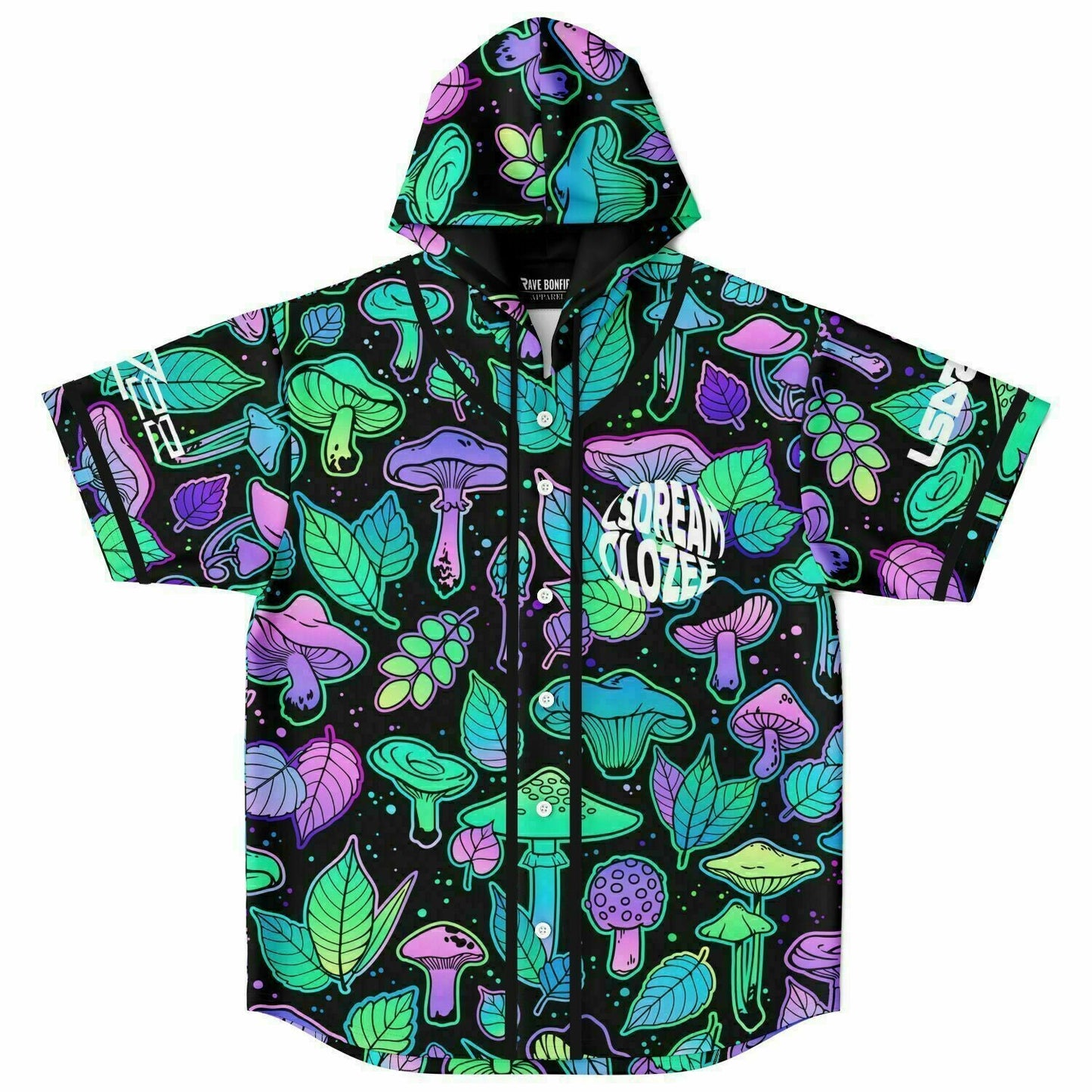 Black Psychedelic Mushrooms Rave Hooded Baseball Jersey
