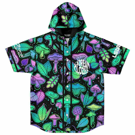 Black Psychedelic Mushrooms Rave Hooded Baseball Jersey