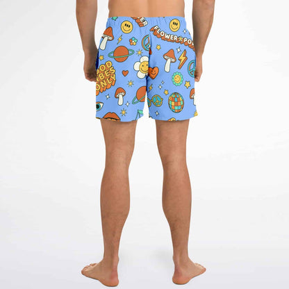 Cornflower Blue Retro Groovy Rave Swim Trunks