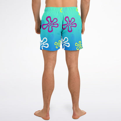 Teal Blue Outlined Flowers Rave Swim Trunks