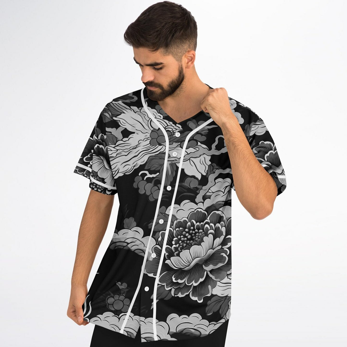 Black Grayscale Japanese Peonies Rave Baseball Jersey