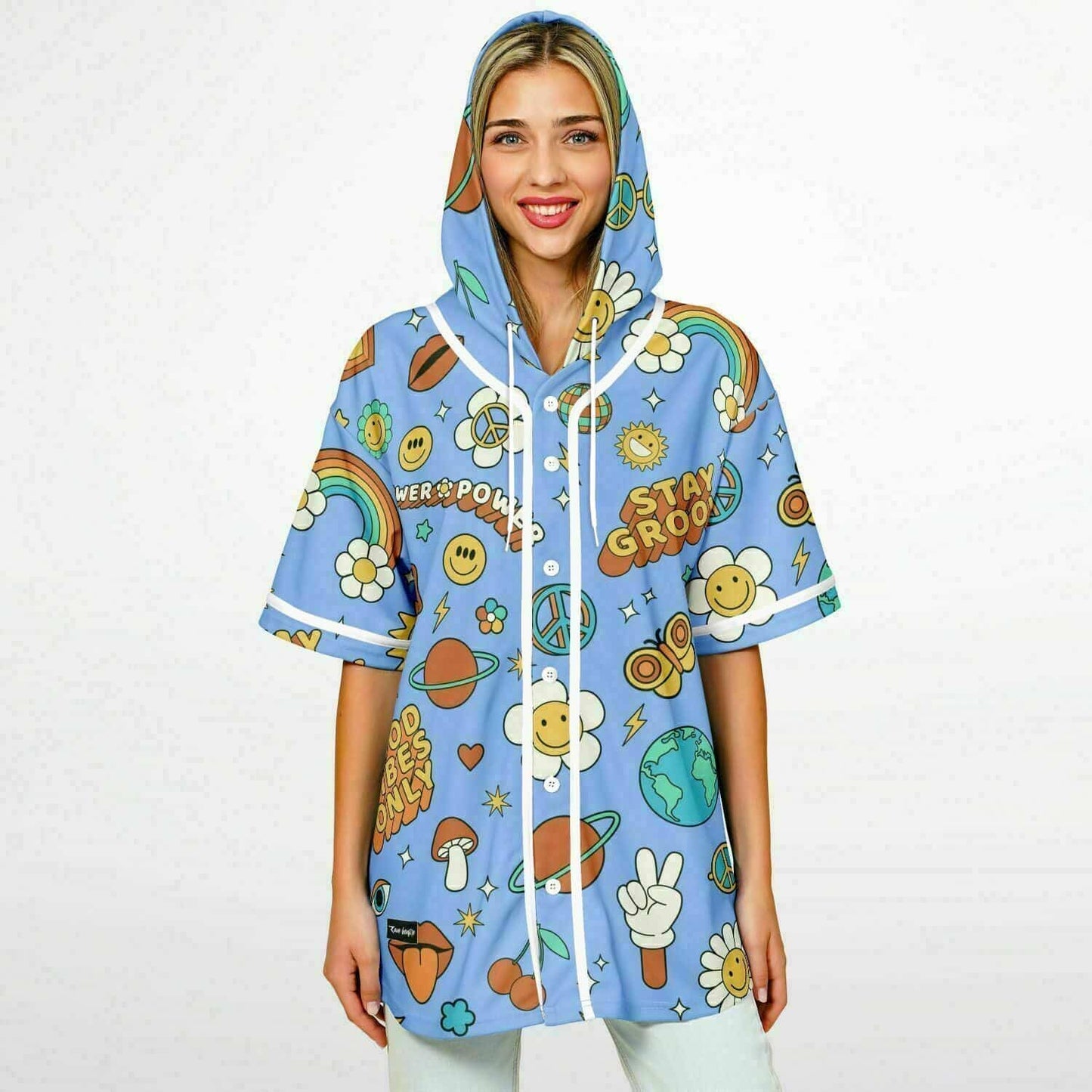 Sky Blue Retro 70S Rave Hooded Baseball Jersey