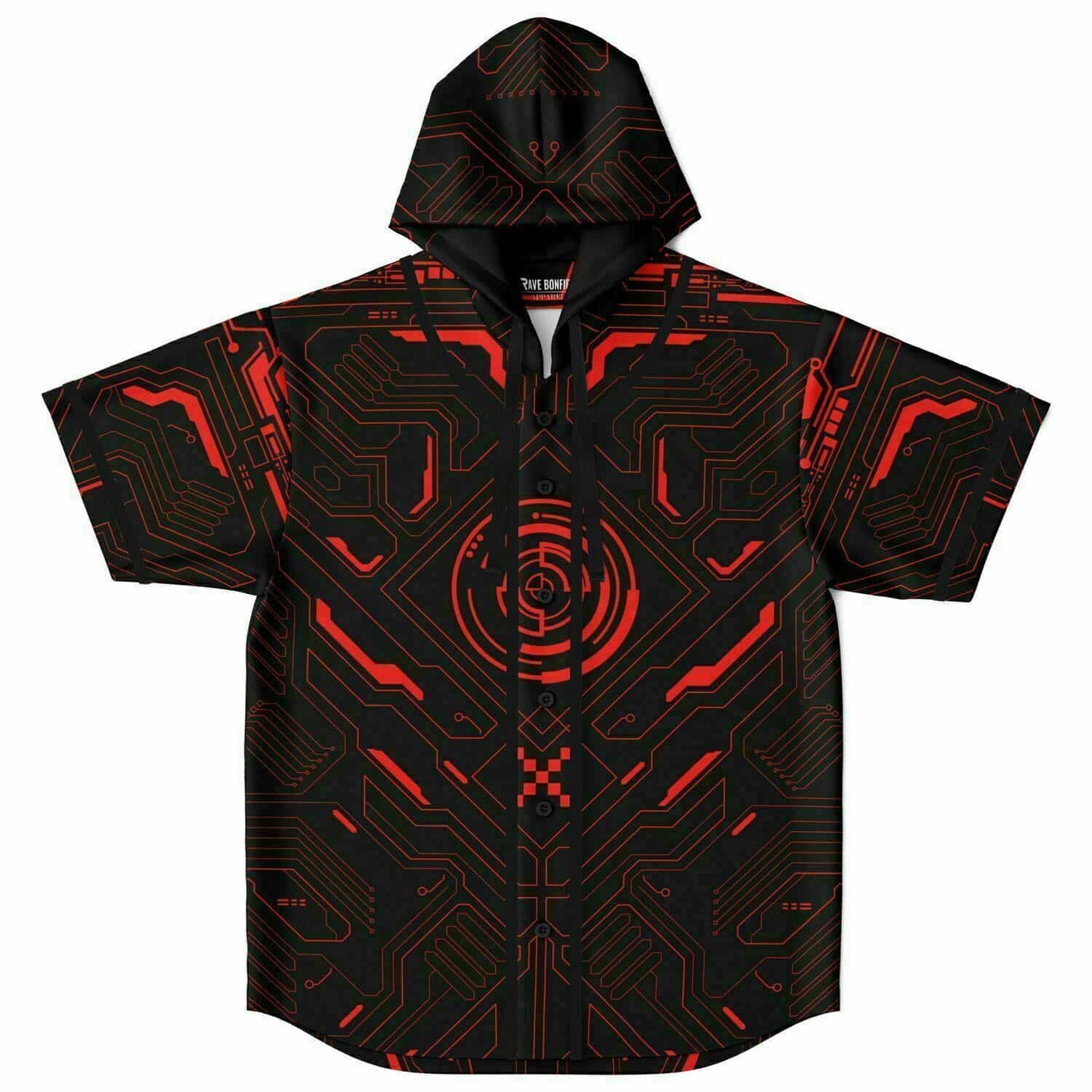 Black Cyber Circuit Rave Hooded Baseball Jersey
