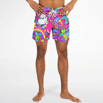 Hot Pink Cartoon Unicorn Rave Swim Trunks