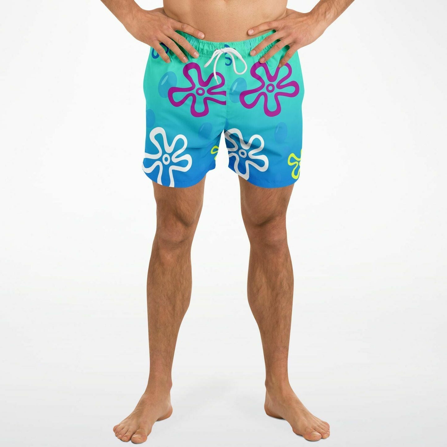 Teal Blue Outlined Flowers Rave Swim Trunks