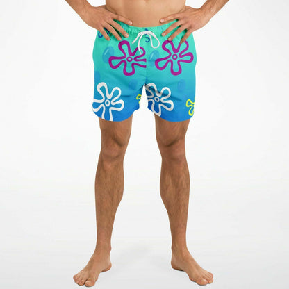 Teal Blue Outlined Flowers Rave Swim Trunks