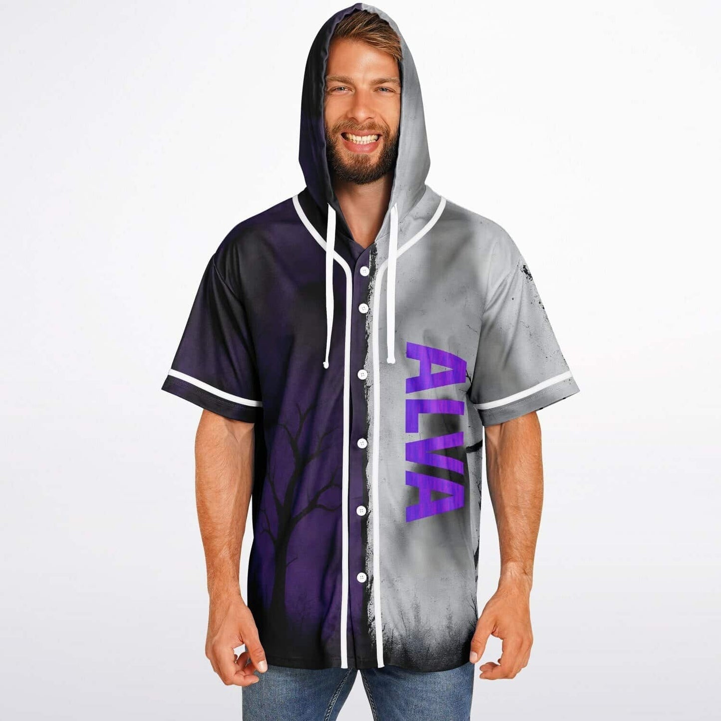 Split Black Spooky Bare Rave Hooded Baseball Jersey