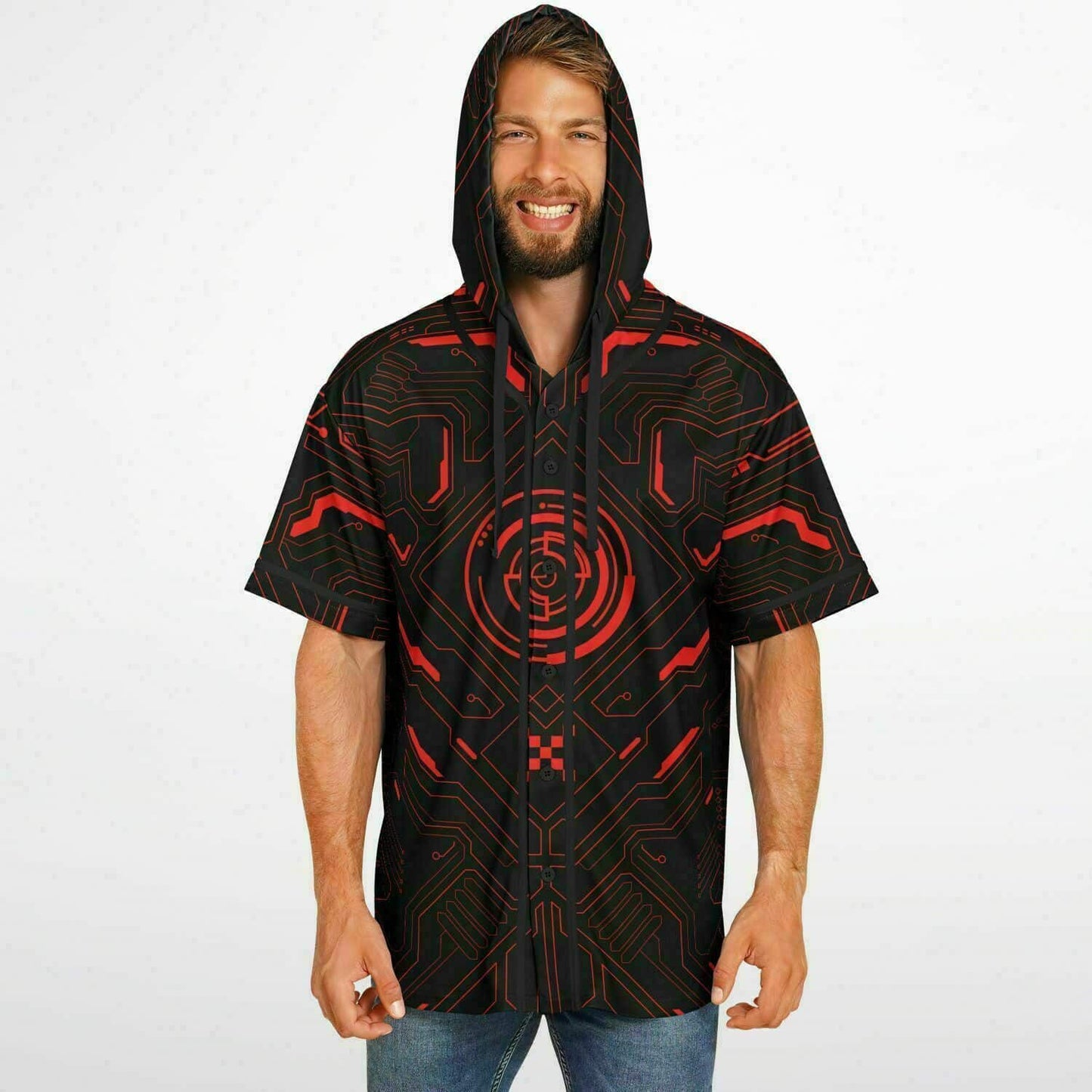 Black Cyber Circuit Rave Hooded Baseball Jersey