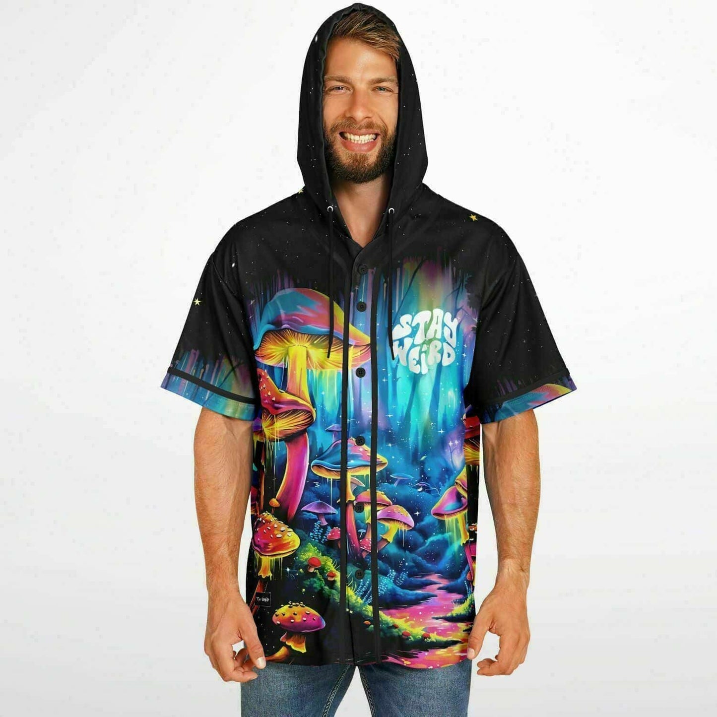 Black Psychedelic Glowing Rave Hooded Baseball Jersey