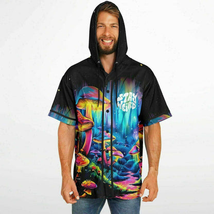 Black Psychedelic Glowing Rave Hooded Baseball Jersey