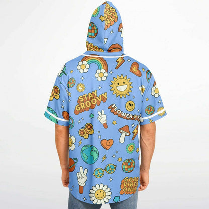 Sky Blue Retro 70S Rave Hooded Baseball Jersey