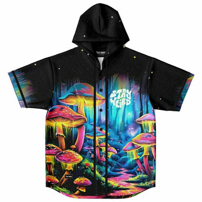 Black Psychedelic Glowing Rave Hooded Baseball Jersey