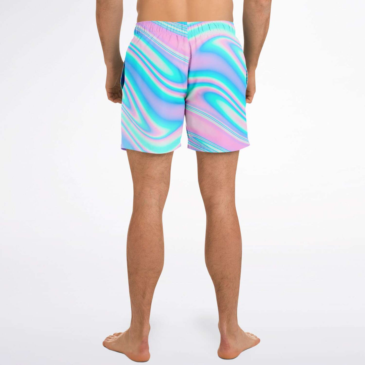 Pastel Pink Holographic Swirl Rave Swim Trunks