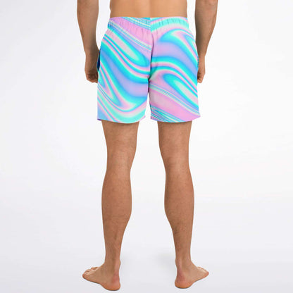 Pastel Pink Holographic Swirl Rave Swim Trunks