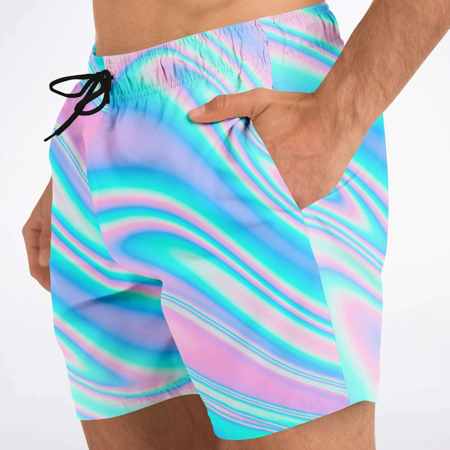 Pastel Pink Holographic Swirl Rave Swim Trunks